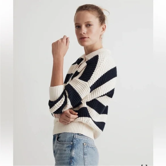 Madewell Antique Cream Striped Waffle-Knit Henley Sweater Size M Relaxed Fit - Picture 5 of 16